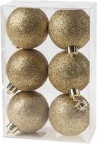 6x Gouden kunststof kerstballen 6 cm - Glitter - Onbreekbare plastic kerstballen - Kerstboomversiering goud