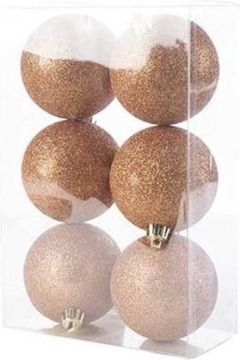 6x Koperen kunststof kerstballen 8 cm Glitter Onbreekbare