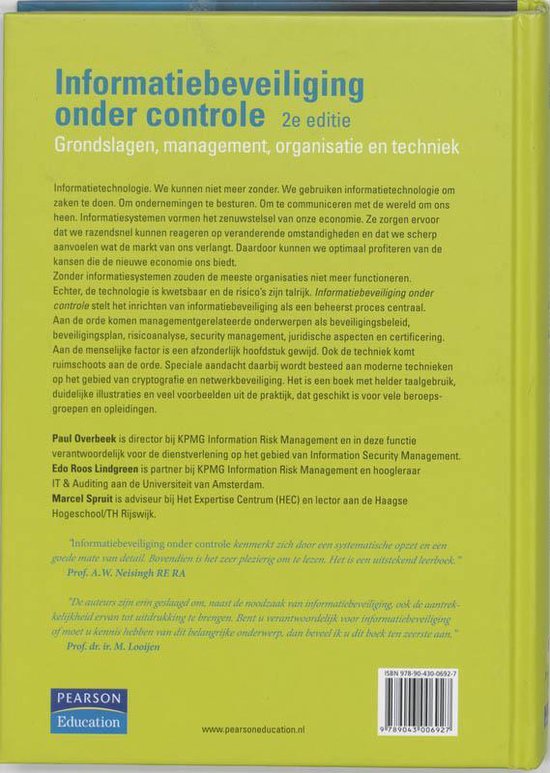 Achterkant boek: Informatiebeveiliging onder controle 2e editie Grondslagen, management, organisatie en techniek. Met auteursinformatie en ISBN.