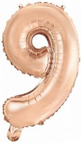 Folie Ballon Cijfer 9 Rosé Goud 41cm met rietje