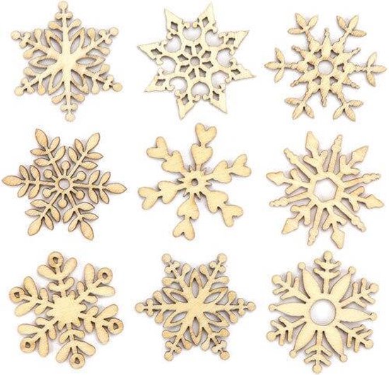 Mini decoratieve sneeuwvlokken van hout. Creatieve knutselpakketten voor kerstdecoraties (45 stuks per verpakking)