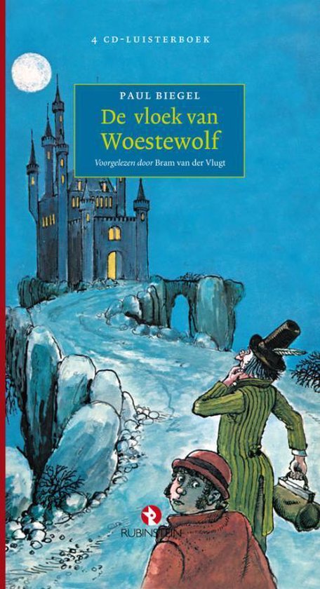 Boekomslag met titel 'De vloek van Woestewolf', een kasteel, twee mannen en een maan.
