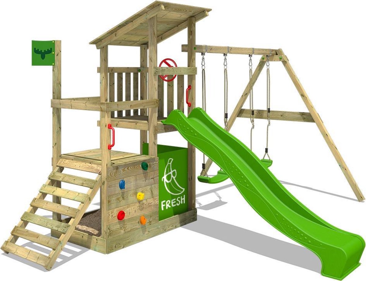 Aire de jeux FruityForest avec balançoire et toboggan vert FATMOOSE