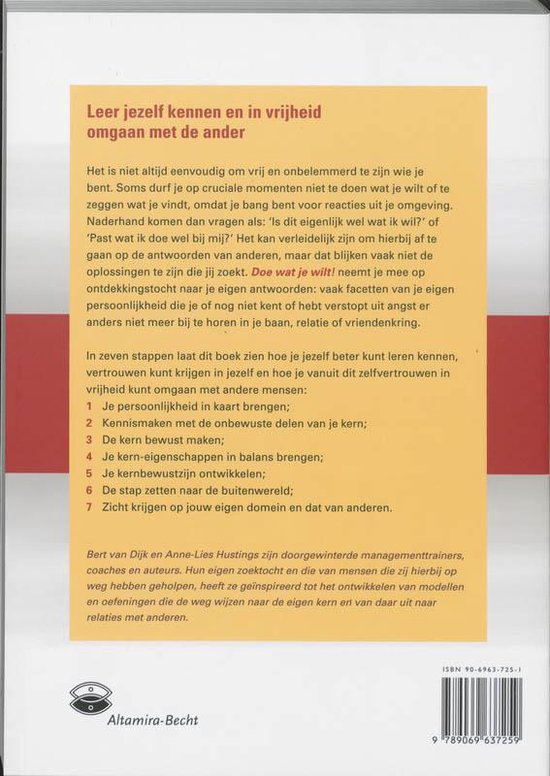 Achterkant van een boek met gele tekst, titel 'Leer jezelf kennen en in vrijheid omgaan met de ander'.