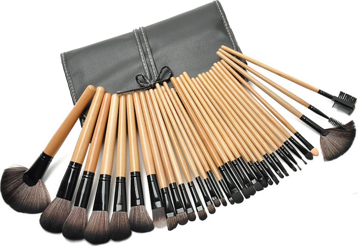 Evvie make-up kwasten set, 32-delig Basic Collection - Hout - in luxe etui - Evvie