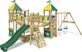 WICKEY speeltoestel ridderkasteel Smart Queen met schommel, groen-geel zeil & groene glijbaan, outdoor kinderklimtoren met zandbak, ladder & speelaccessoires voor de tuin