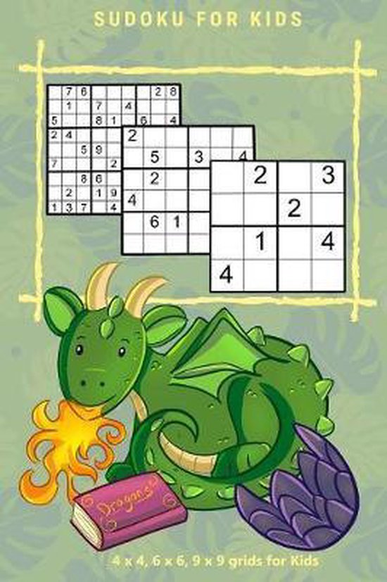 Boek met Sudoku's voor kinderen, met een groene draak, een boekje getiteld 'Dragons' en 4x4, 6x6 en 9x9 rasterpuzzels.