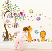 Vrolijke Dieren Sticker XL / Muurstickers Kinderkamer Jongen & Meisje / Babykamer / Wanddecoratie / Muurdecoratie met Boom en Dieren / Leeuw – Giraffe – Uiltjes - / Multicolor