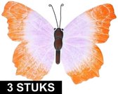 3x Oranje/lila metalen vlinders 40 cm tuinversiering - Schuttingdecoratie/tuindecoratie vlinders