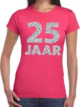 25 jaar zilver glitter verjaardag/jubileum shirt roze dame XS