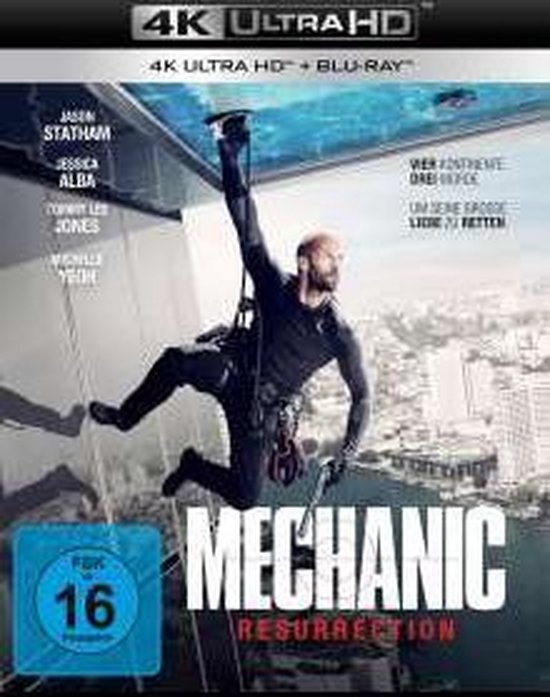 4K Ultra HD Blu-ray cover van Mechanic: Resurrection met Jason Statham die aan een gebouw hangt.