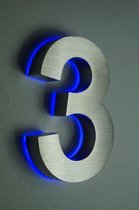 Huisnummer met LED verlichting van RVS | Hoogte 20cm Nummer 3 incl. 12 Volt DC netvoeding