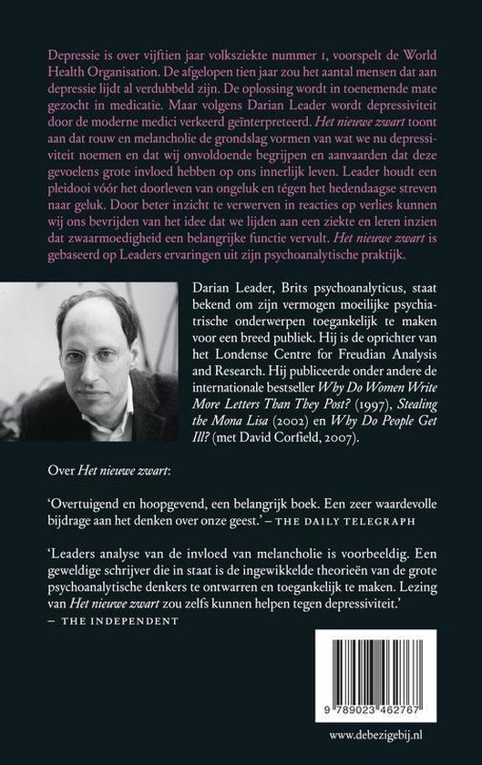 Achterkant boekcover 'Het Nieuwe Zwart' met portret van Darian Leader en recensies.