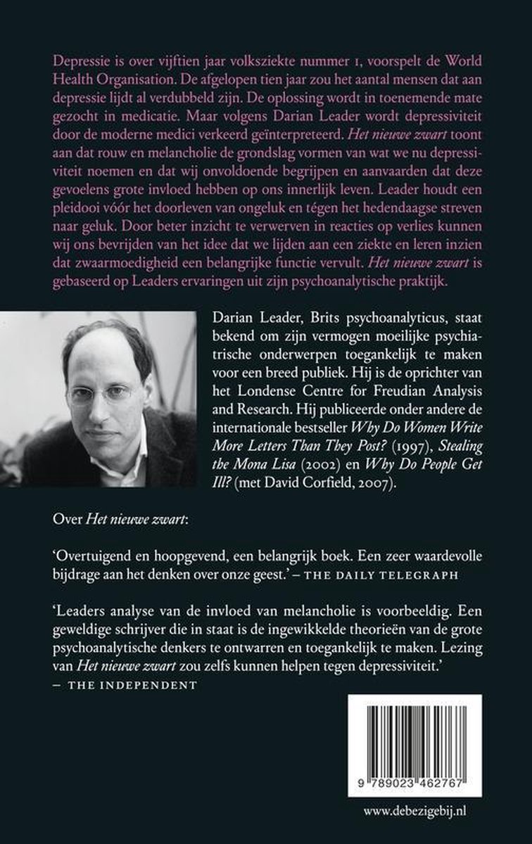 Achterkant boekcover 'Het Nieuwe Zwart' met portret van Darian Leader en recensies.