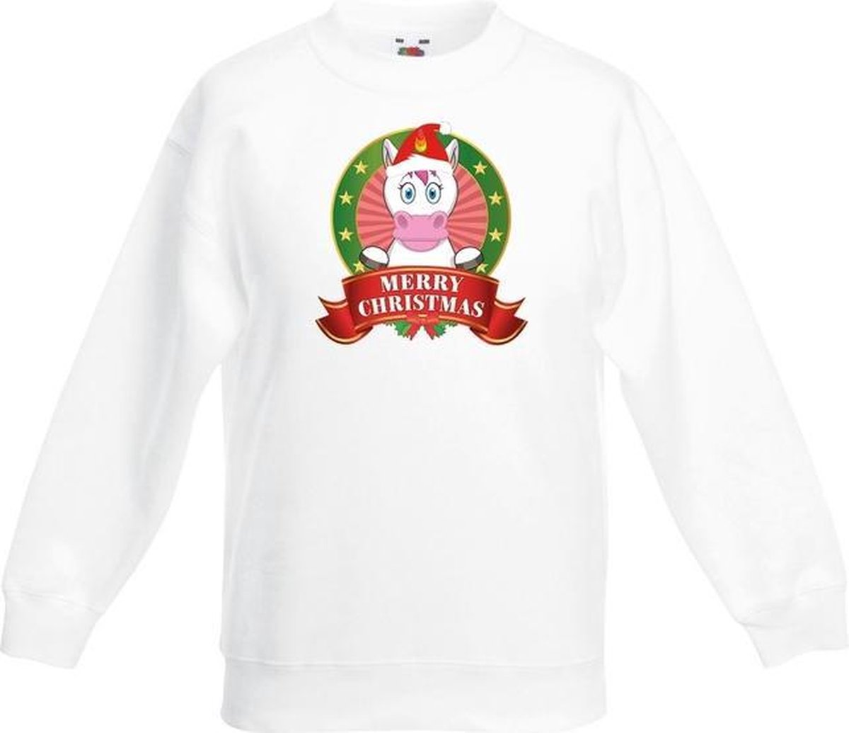 Kerst sweater voor kinderen met eenhoorn print - wit - jongens en meisjes sweater 3-4 jaar (98/104)