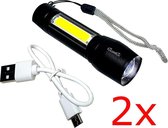 2x QuniQ® Mini Led zoom zaklamp met COB looplamp oplaadbaar ingebouwde lithium accu met micro usb laad kabel