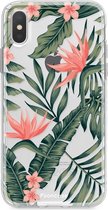 Fooncase Hoesje Geschikt voor iPhone X - Shockproof Case - Back Cover / Soft Case - Tropical Desire / Bladeren / Roze