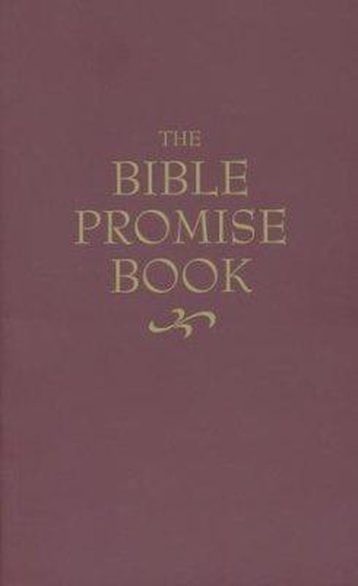 De kaft van 'The Bible Promise Book' is bordeauxrood met gouden tekst. Er staat een sierlijk krul-motief onder de titel.