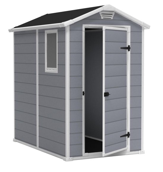 Grijs Manor Pent 6x4 tuinhuis met schuin dak, gesloten deuren en raam, op witte achtergrond.