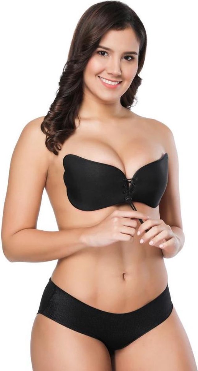 LYVION Strapless plak BH - met push up door de vetersluiting - Zwart 2020 Plakbeha D