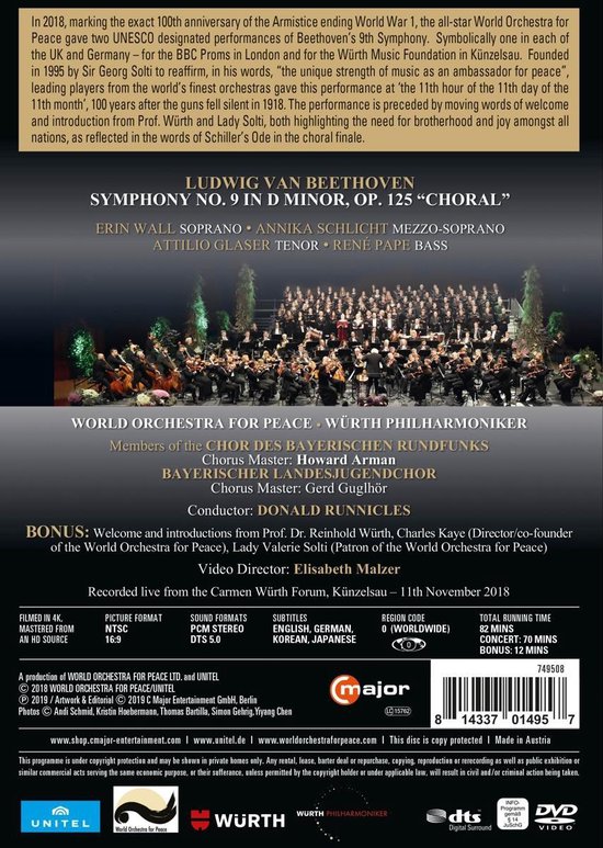 DVD-hoes voor 'Ludwig van Beethoven Symphony No. 9 in D minor, Op. 125 "Choral"' door World Orchestra for Peace, met solisten en koor, onder leiding van Donald Runnicles.