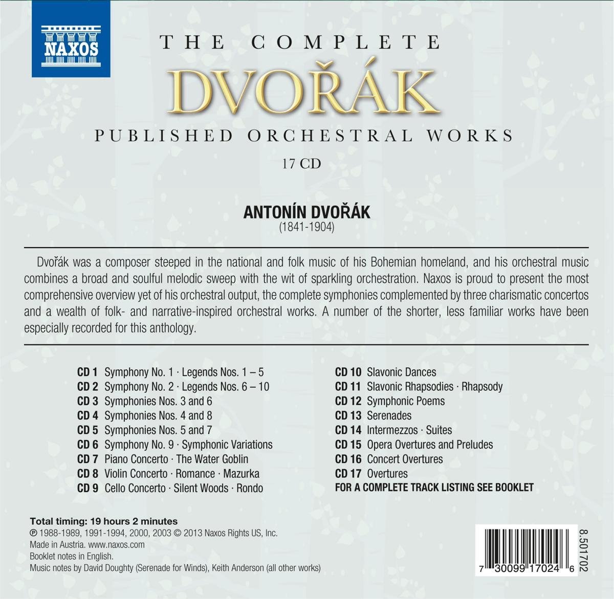 17CD Anton?n Dvo??k Complete Published Orchestral Works 8501702 Naxos Europe 紙ジャケ /00560 Dvořák – The Complete Published Orchestral Works – Box Set