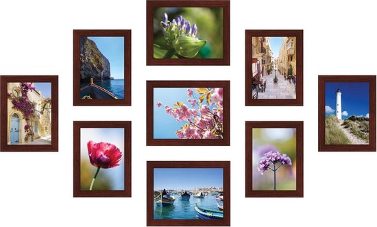SecaDesign Fotowand bruin 9 fotolijsten PIA9BR met handige template voor plaatsing. 6x 13x18cm, 3x 15x20cm fotomaat - fotomuur