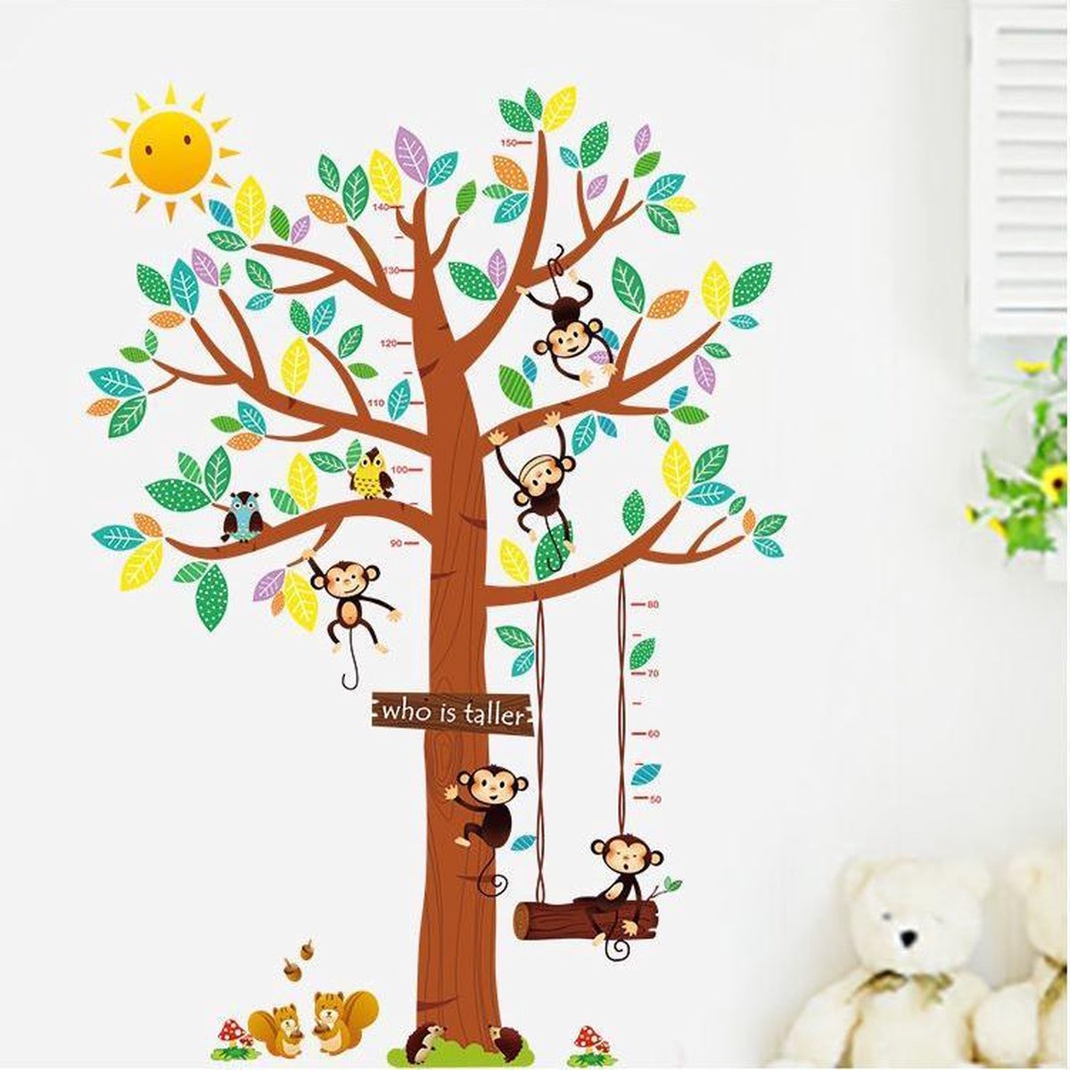 Muursticker Groeimeter en Meetlat 150cm - Met boom en dieren - 160x107 cm