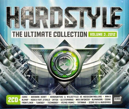 Hardstyle The Ultimate Collection Vol 3 2012 cover, voorzien van gestileerde motorblokken en een lichtgevend groen logo.