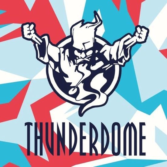 Logo van Thunderdome met gestileerde figuur en tekst 'THUNDERDOME' op een geometrische achtergrond in rood, wit en blauw.