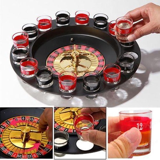 Thumbnail van een extra afbeelding van het spel 19-Delig roulette drinkspel - met 16 shots glazen - Ø30cm diameter