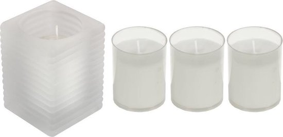1x Matte glazen kaarsenhouder met kaars en 3x navullingen 7 x 10 cm 24 branduren - Geurloze kaarsen - Woondecoraties