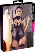 Cottelli Collection – Jarretel Wetlook Body met Kanten Halslijn Stukken Spannend en Ruig – Maat 75B/S – Zwart