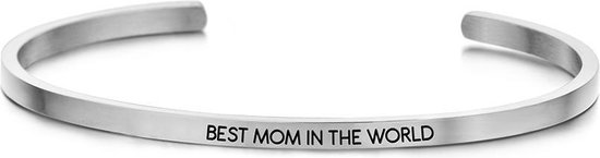 Key Moments 8KM-B00013 - Stalen open bangle met tekst - best mom in the world - zirkonia - one-size - zilverkleurig