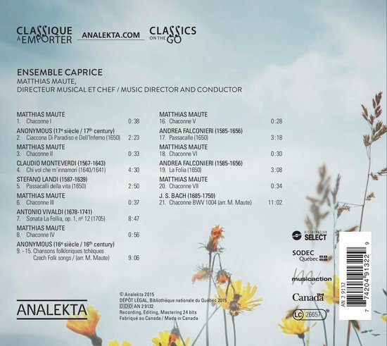 Achterkant CD-hoes met tracklist, bandnaam 'Ensemble Caprice' en foto van bloeiende planten.