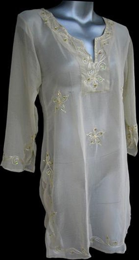 Blouse tunique transparente de couleur crème broderie et paillettes, Fleurs brodées, tissu marbre taille M, 38