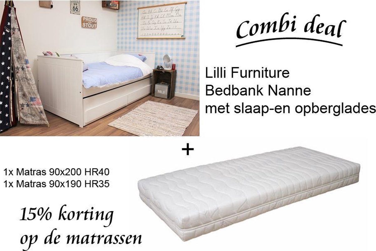 Lilli Furniture Bedbank Nanne met Slaaplade en matrassen - 90x200 - wit