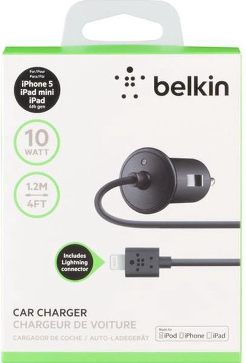 Belkin Autolader - Vaste Lightning Kabel - Apple iPod/iPhone/iPad - 2.1 amp  - Zwart | bol.com