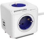 Allocacoc PowerCube Extended Stekkerdoos - NL/DE (Type F) - Geschikt voor 4 stekkers en 2 USB-Poorten - Kabel 1,5 mtr. - Wit/Blauw