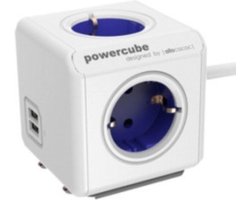 Allocacoc PowerCube Extended Stekkerdoos - NL/DE (Type F) - Geschikt voor 4 stekkers en 2 USB-Poorten - Kabel 1,5 mtr. - Wit/Blauw