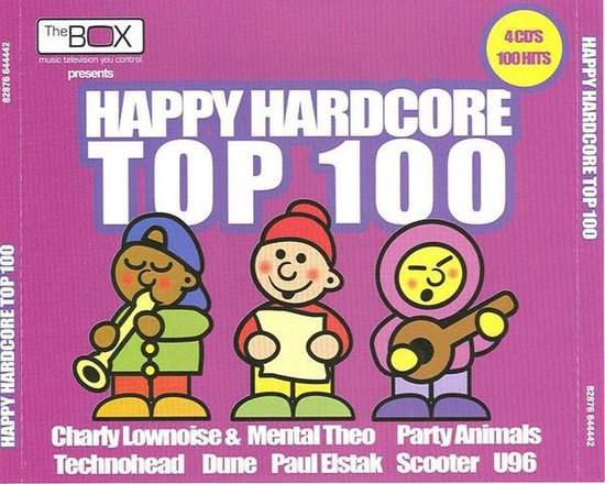CD-hoes voor 'Happy Hardcore Top 100' met tekenfilmfiguren. De titel 'The BOX music television you control' staat linksboven.