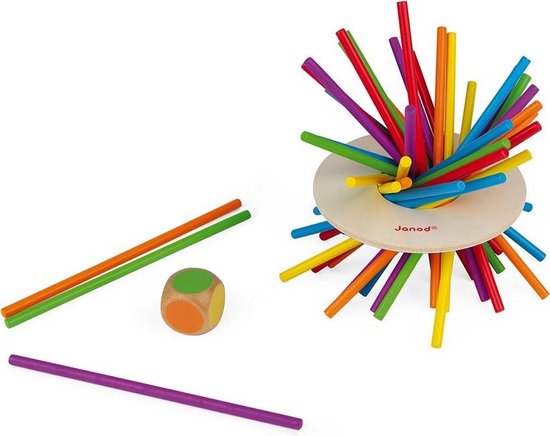 Spel "Crazy Sticks" met een hoop kleurrijke stokjes in het midden en losse stokjes met dobbelsteen.
