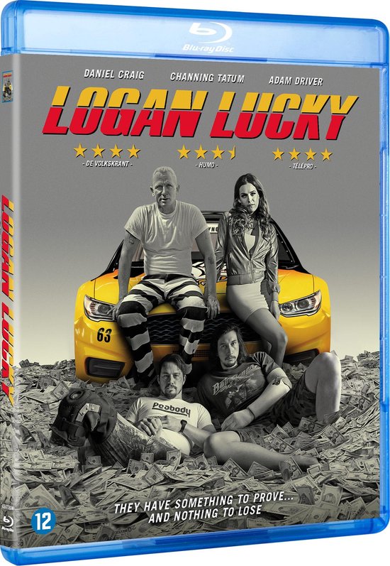 Blu-ray hoes van Logan Lucky met 4 acteurs, een gele auto en geld.