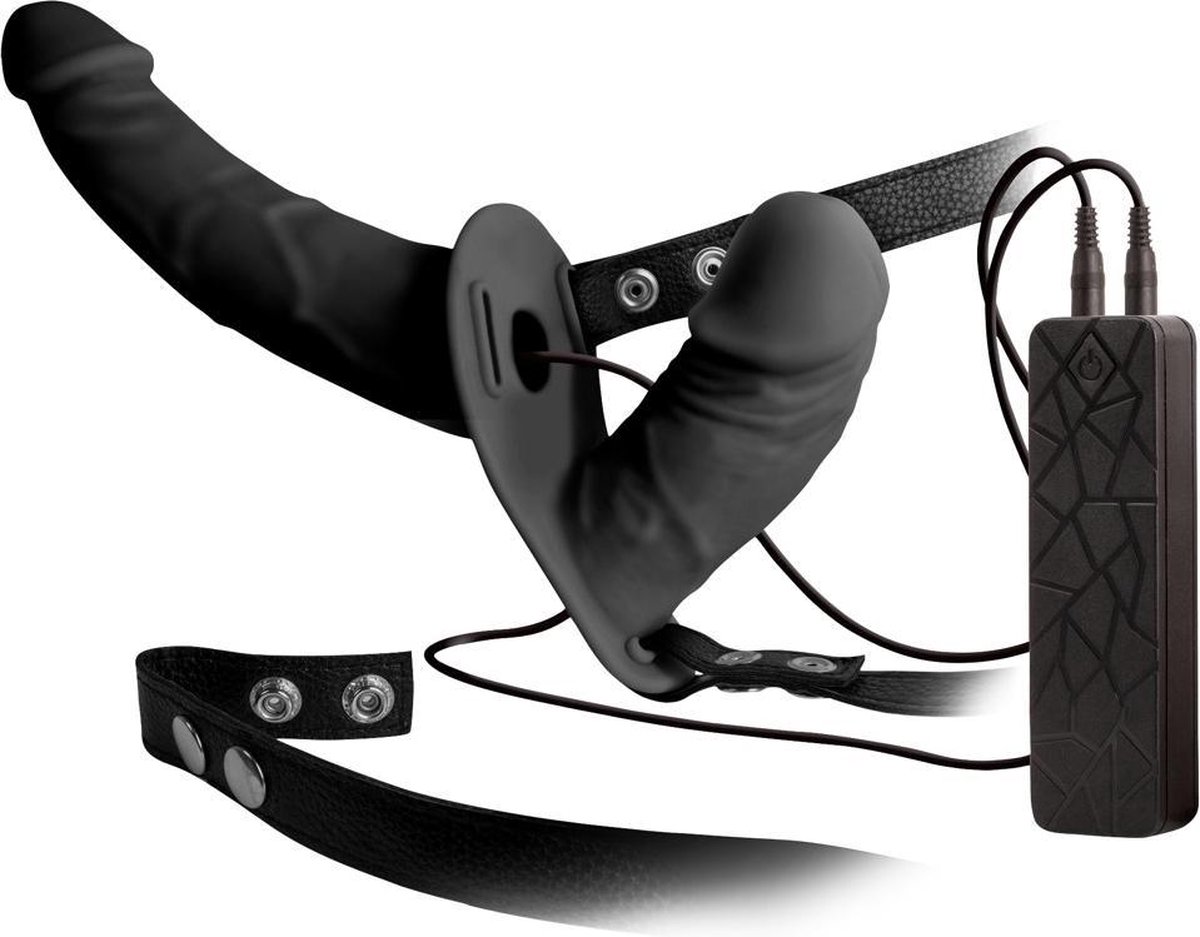 Goedkoopste Excellent Power – Strap on - ‘Double Thruster’ Vibrerende Voorbind Dildo met Inwendige Dildo voor Dubbel Genot – Zwart