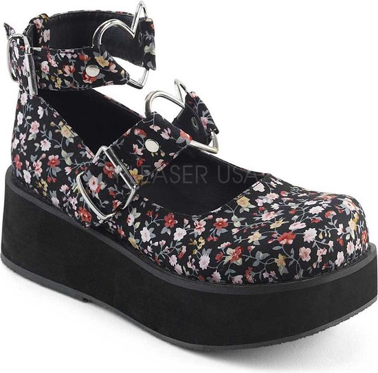 Sprite-02 plateau Mary Jane schoen met bloemen print en enkelbandjes zwart - (EU 39 = US 9) - Demonia