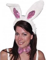Diadeem konijn/haas verkleedset oren met strik roze/wit voor volwassenen - Dierenoren