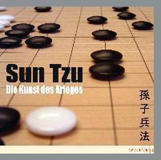 De kaft van het boek 'Die Kunst des Krieges' met Chinese tekens en een spel Go stenen.