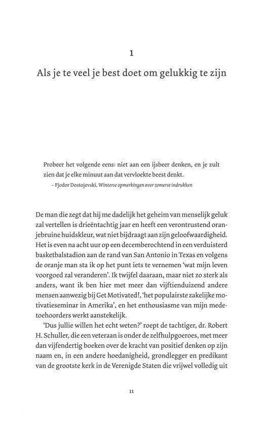 Pagina 1 van een boek, met de titel 'Als je te veel je best doet om gelukkig te zijn'.
