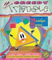 De tekst 'The Greedy Triangle' staat in een boog boven een lachende driehoek met armen en benen. De titel is geschreven in kleurrijke, speelse letters.