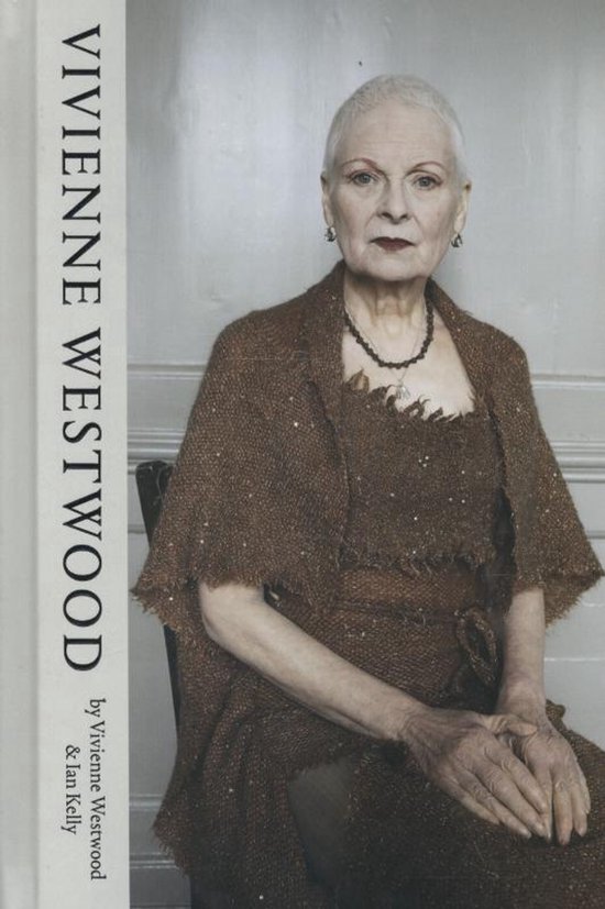 Livre Vivienne Westwood avec un portrait de Vivienne Westwood dans une tenue marron tricotée et pailletée.